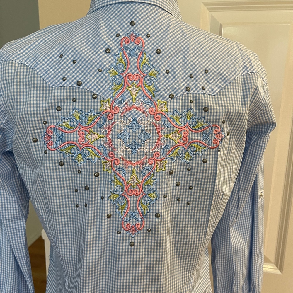 Ariat Womens Blue White Gingham Roll Tab Long Sleeve Button Down Shirt Size XS